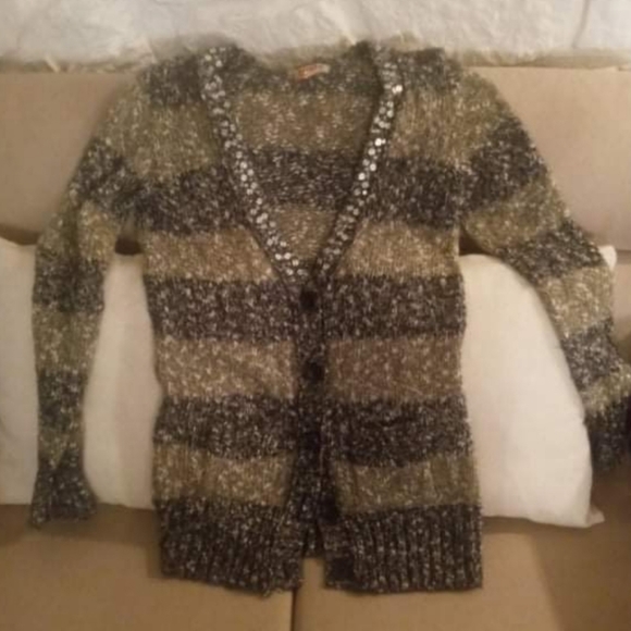 Mudd Large Gray & Olive Green Striped Spft Knitted Cardigan Sweater with Sequins - Picture 2 of 8